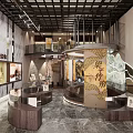 Elegant Exhibition Space Interior With Wooden Display Cases Marble Walls And Chinese Calligraphy Decorations