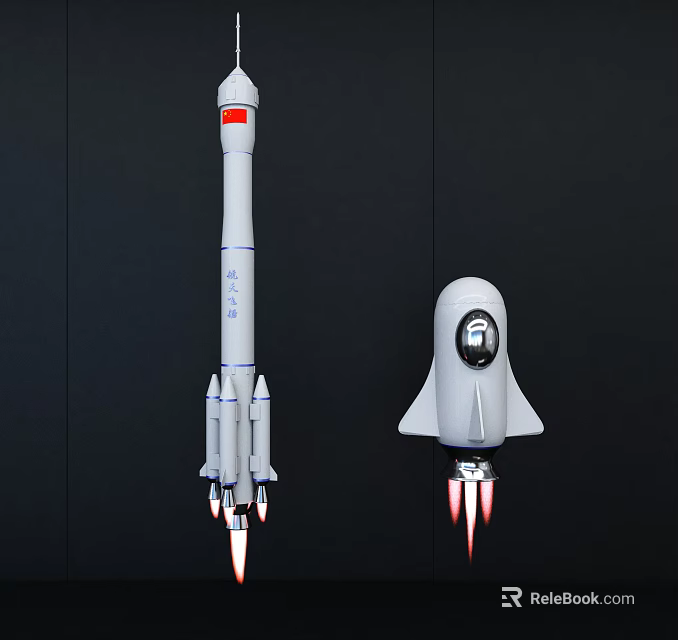 Detailed Rocket Models And Modern Spacecraft Display With Red Accents On Black Background 3d model 