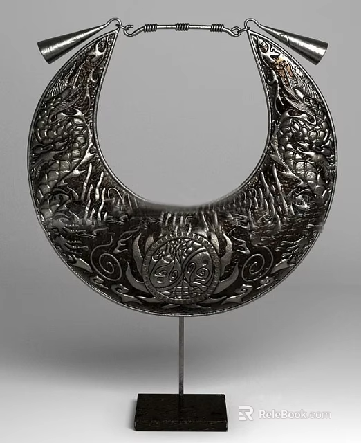 Decorative Ornament Combination With Circular Metal Design And Dragon Carvings On Stand 3d model 