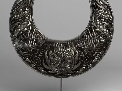 Decorative Ornament Combination With Circular Metal Design And Dragon Carvings On Stand 3d model