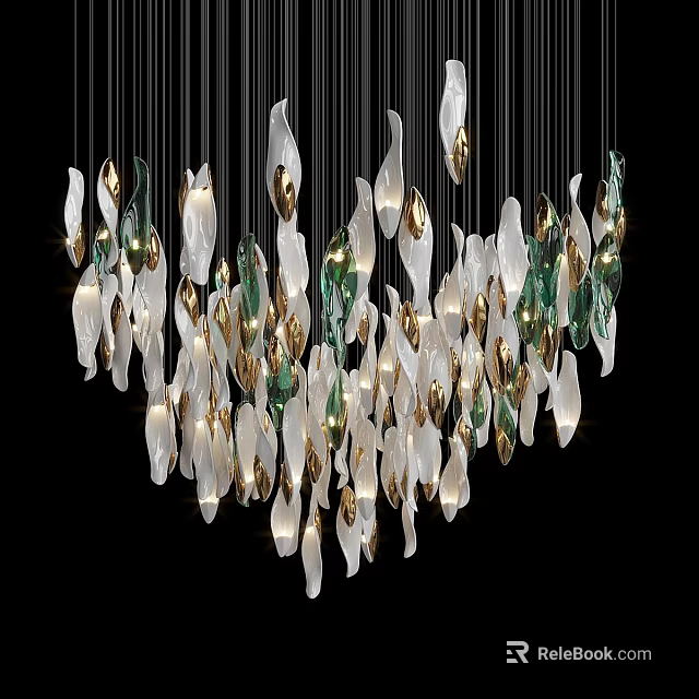 Elegant Modern Chandelier With White Green Gold Crystal Glass Hanging Pendants Design 3d model 