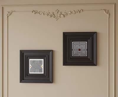 Abstract Art in Black Frames with Geometric and Maze Patterns on Beige Wall and Golden Carvings 3d model