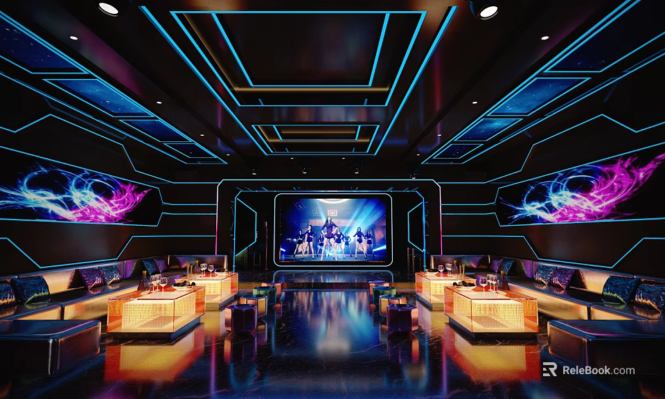 Modern KTV Interior Design With Neon Lights Large Screen And Seating Areas 3d model 