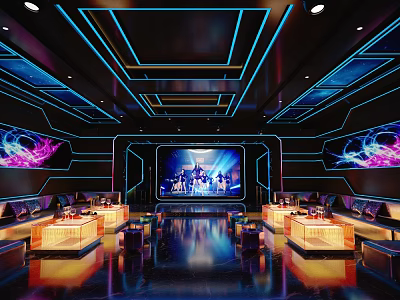 Modern KTV Interior Design With Neon Lights Large Screen And Seating Areas 3d model