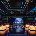 Modern KTV Interior Design With Neon Lights Large Screen And Seating Areas