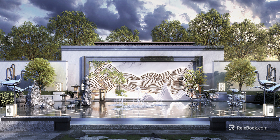 Elegant Modern Scenic Wall Design With Water Pool Green Plants And Courtyard Sky 3d model 