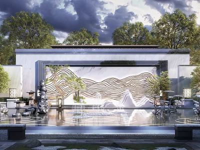 Elegant Modern Scenic Wall Design With Water Pool Green Plants And Courtyard Sky 3d model