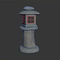 Traditional Stone Lantern With Round Top Lattice Windows And Pedestal Base