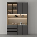 Modern Gray Wine Cabinet Design With Glass Doors LED Lighting Drawers And Decorative Items