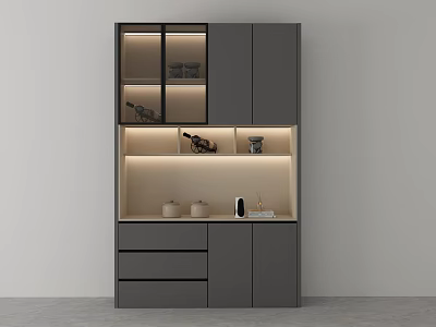 Modern Gray Wine Cabinet Design With Glass Doors LED Lighting Drawers And Decorative Items 3d model