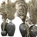 Rustic Gray Vases With Dried Pampas Grass For Home Interior Decor 3d model