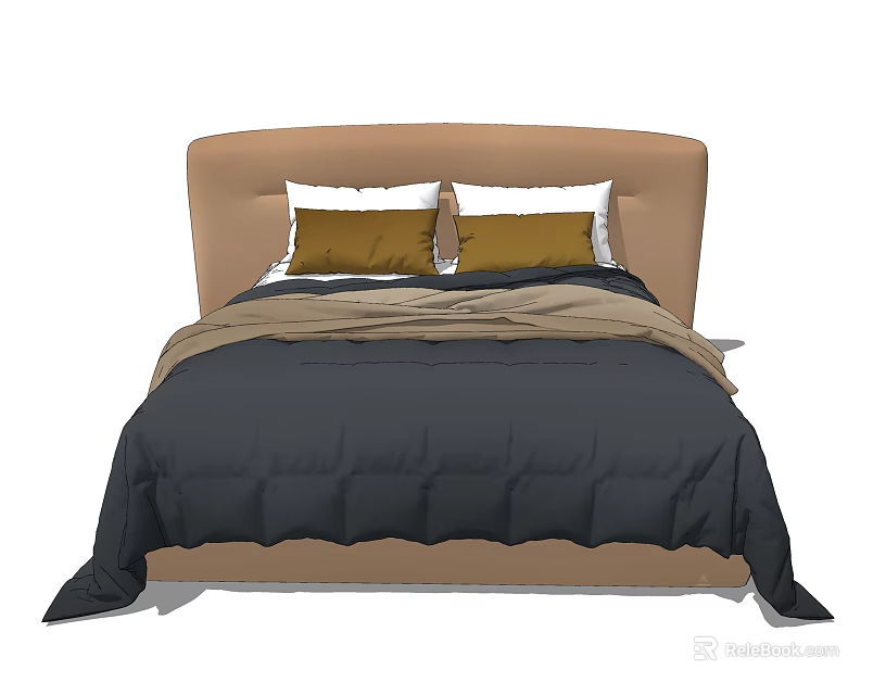 Modern Double Bed With Brown Headboard Yellow White Pillows And Dark Comforter 3d model
