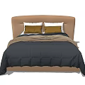 Modern Double Bed With Brown Headboard Yellow White Pillows And Dark Comforter 3d model