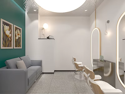 Hair Salon Interior With Green Wall Flower Paintings Gray Sofa Round Mirrors And Hair Chairs 3d model