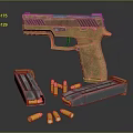 Modern Semi Automatic Pistol With Brown Grip Metal Magazines And Bullets 3d model