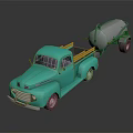 Vintage Turquoise Truck With Yellow Rails Towing Cement Mixer on Dark Background