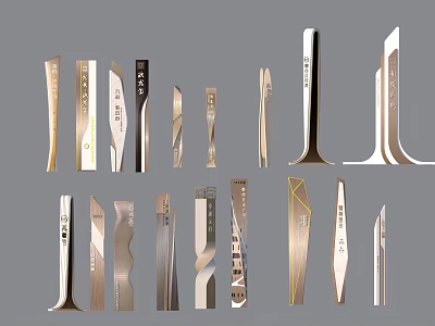 Diverse Designed Metallic Towers With Different Shapes Gold Silver Black Finishes And Text Logos 3d model