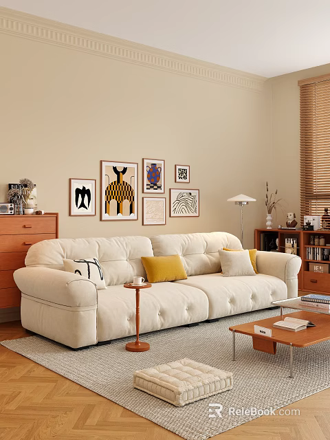 Cream Colored Two Seater Sofa With Pillows And Animal Themed Decorative Paintings Wooden Side Table 3d model 