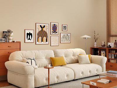 Cream Colored Two Seater Sofa With Pillows And Animal Themed Decorative Paintings Wooden Side Table 3d model
