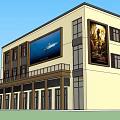 Modern Commercial Complex Exterior Featuring Large Billboards Balconies And Glass Windows