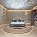 Modern Bedroom Interior With Starry Ceiling Gaming Setup Round Bed And Bookshelves
