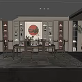 Traditional Chinese Restaurant Interior Featuring Wooden Dining Table Red Circular Decoration And Display Cabinets
