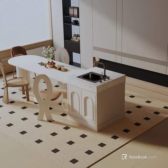Modern White Dining Table Set With Comfortable Chairs And Flower Decor In Cozy Dining Room 3d model 