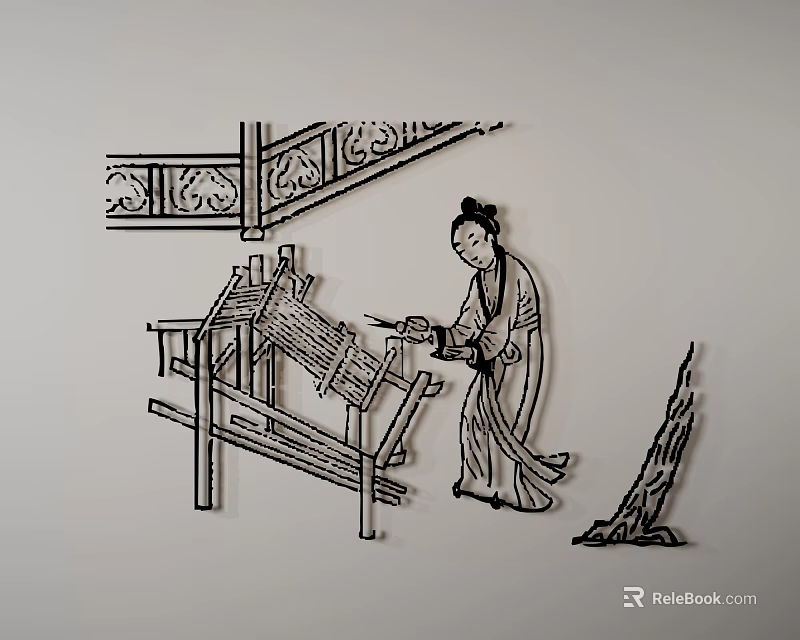 Traditional Chinese Wall Decor Featuring Woman Weaving At Loom With Carved Patterns And Tree 3d model 