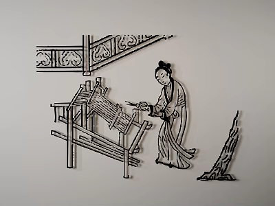 Traditional Chinese Wall Decor Featuring Woman Weaving At Loom With Carved Patterns And Tree 3d model
