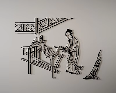 Traditional Chinese Wall Decor Featuring Woman Weaving At Loom With Carved Patterns And Tree 3d model