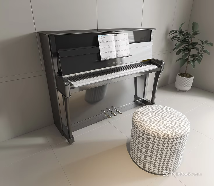 Elegant Black Piano Interior With Music Sheets Round Wicker Stool And Green Plant 3d model 