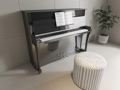Elegant Black Piano Interior With Music Sheets Round Wicker Stool And Green Plant 3d model