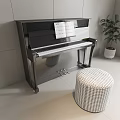 Elegant Black Piano Interior With Music Sheets Round Wicker Stool And Green Plant