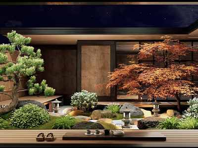 Traditional Japanese Courtyard Garden with Pine Maple Trees Stone Lanterns and Wooden Platform 3d model