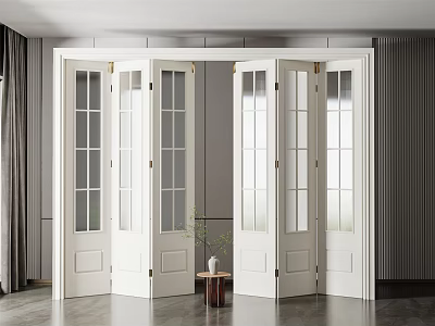 Modern Interior Sliding Glass Doors With White Frames And Wooden Side Table 3d model