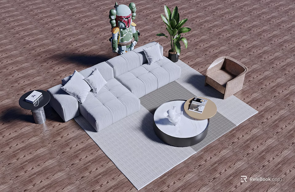 Modern Gray Sofa and Round Coffee Table Set with Armchair Green Plant on Wooden Floor 3d model 