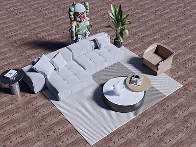 Modern Gray Sofa and Round Coffee Table Set with Armchair Green Plant on Wooden Floor 3d model