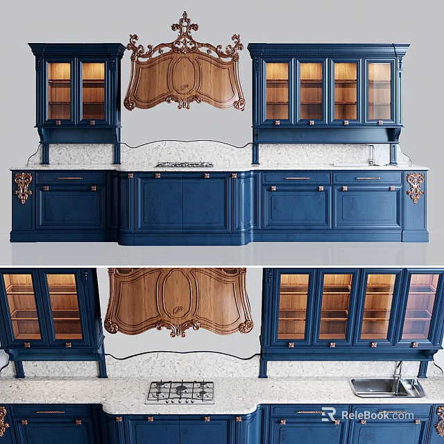 Elegant Blue Kitchen Cabinets With Glass Doors And Wooden Accents Design 3d model 
