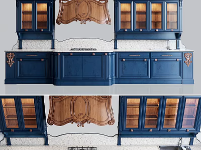 Elegant Blue Kitchen Cabinets With Glass Doors And Wooden Accents Design 3d model