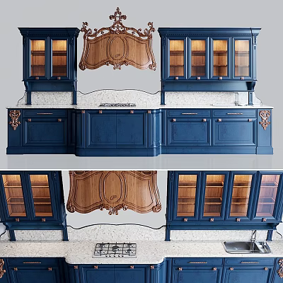 Elegant Blue Kitchen Cabinets With Glass Doors And Wooden Accents Design 3d model