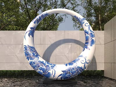 Garden Landscape With Blue and White Circular Sculpture Floral Patterns Stone Wall and Water Surface 3d model