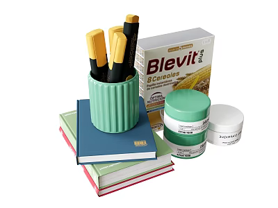 Desk Folder With Green Pen Holder Stacked Books Blevit Box And Jars 3d model