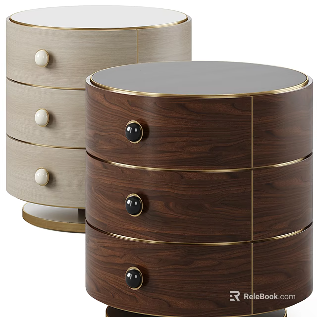 Modern Luxury Walnut Wood Nightstands With Gold Accents And Round Knobs 3d model 