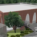 Red Brick Building With Arched Windows Surrounded By Trees Landscaped Garden And Stone Steps