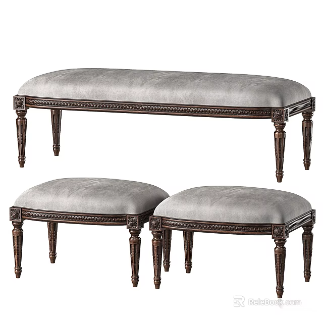 Classic Style Ottoman Benches With Carved Wooden Legs And Gray Upholstered Seats 3d model 