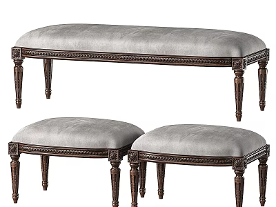 Classic Style Ottoman Benches With Carved Wooden Legs And Gray Upholstered Seats 3d model