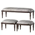 Classic Style Ottoman Benches With Carved Wooden Legs And Gray Upholstered Seats