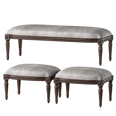 Classic Style Ottoman Benches With Carved Wooden Legs And Gray Upholstered Seats 3d model