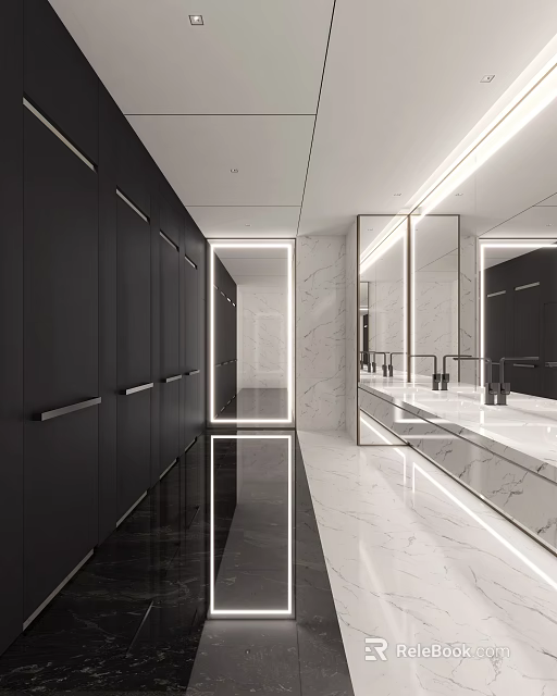 Modern Luxury Hotel Bathroom Interior With Marble Vanity Large Mirrors And Lighting 3d model 