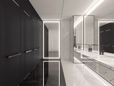 Modern Luxury Hotel Bathroom Interior With Marble Vanity Large Mirrors And Lighting 3d model